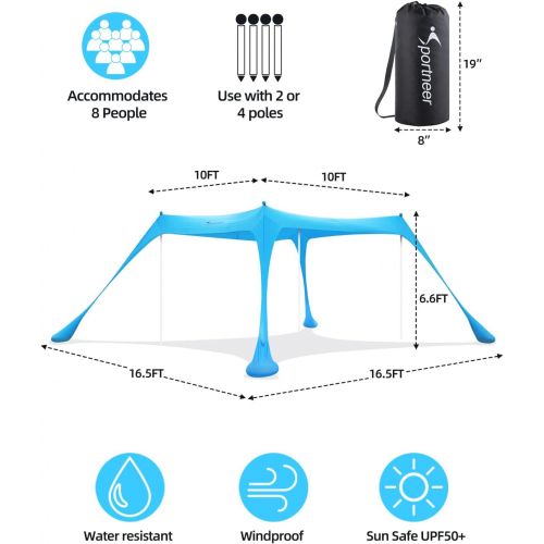  Beach Tent, Sportneer 10x10 FT Beach Canopy Sun Shade UPF50+ with 4 Stability Poles Sand Shovel and Ground Pegs Portable Sun Shelter for Beaching Camping Sport Event Fishing Backya