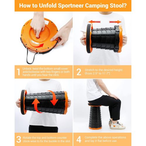  Collapsible Stool, Sportneer Lightweight Telescopic Stool Portable Camping Stools for Adults Adjustable Folding Stool for Outdoor Indoor Fishing BBQ Garden Travel