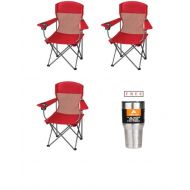 Sportneer Ozark Trail* Set of 3 Basic Mesh Folding Camp Chair with Cup Holder in Red Finish with Free!
