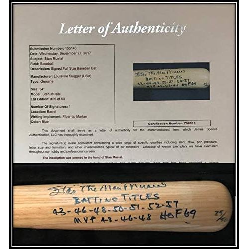  Sports Memorabilia Stan Musial STAT Player Model Louisville Slugger Bat, Stan The Man LOA, JSA LOA - Autographed MLB Bats