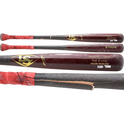  Sports Memorabilia Harold Ramirez Miami Marlins Game-Used Maroon and Black Louisville Slugger Broken Bat vs. Minnesota Twins on July 31, 2019 - MLB Game Used Bats