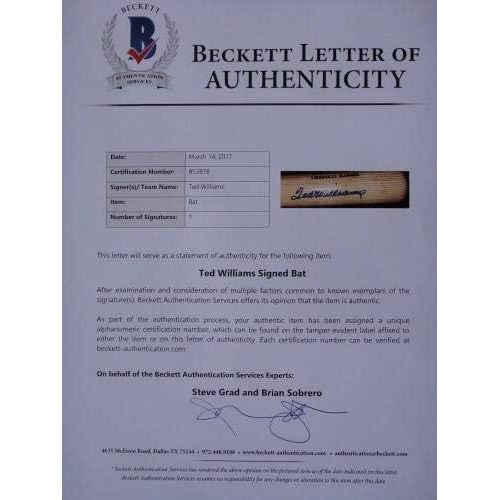  Sports Memorabilia Ted Williams Signed Beckett Authenticated Lousiville Slugger Bat Autographed.. - Autographed MLB Bats
