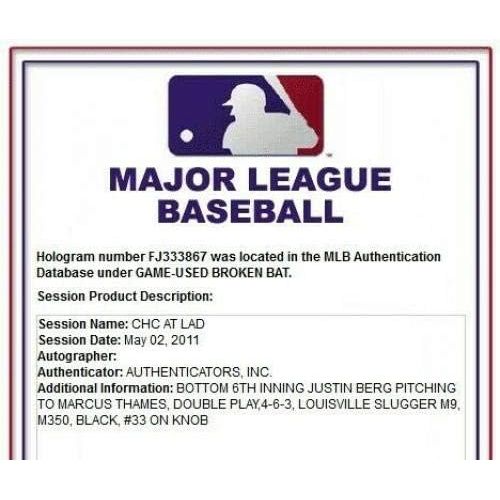  Sports Memorabilia Marcus Thames Game Used Louisville Slugger M9 Bat Broken Dodgers 5/2/11 FJ333867 - MLB Game Used Bats