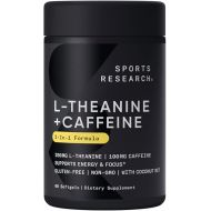 Sports Research L-Theanine Supplement with Caffeine & Coconut MCT Oil - Focused Energy, Alertness & Relaxation Without Drowsiness - 200mg L Theanine, 100mg Organic Caffeine - 60 Liquid Softgels