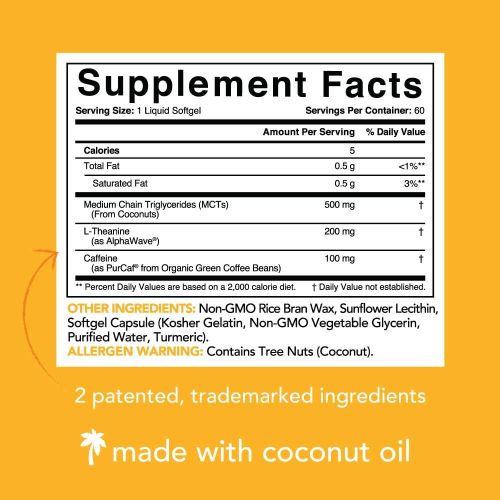  [아마존 핫딜]  [아마존핫딜]Sports Research L-Theanine & Caffeine with Coconut MCT Oil ~ Nootropic Supplement for Focused Energy ~ Keto Certified & Non-GMO Verified (60 Softgels)