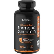 [아마존핫딜][아마존 핫딜] Sports Research Turmeric Curcumin C3 Complex 500mg, Enhanced with Black Pepper & Organic Coconut Oil for Better Absorption; Non-GMO & Gluten Free - 120 Count