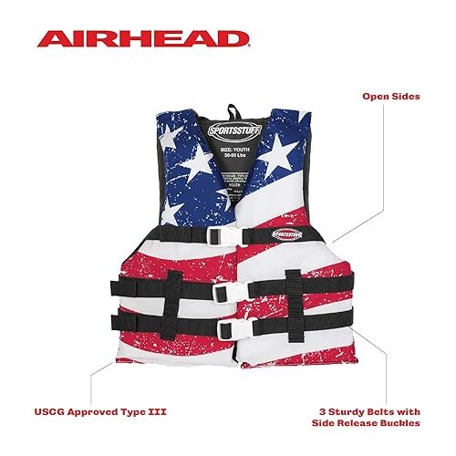  Sportstuff Child Type III Life Jacket US Coast Guard Approved Open Sides with 3 Body Belts & Buckles Quick Dry Fabric, Secure Fit, Comfortable Stars & Stripes