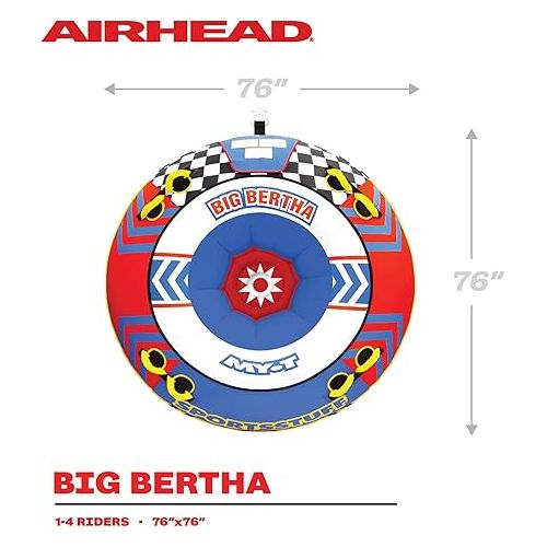  SportsStuff Big Bertha Towable 1-4 Rider Tube for Boating and Water Sports, Kwik-Connect Tow, Double-Stiched Partial Nylon Cover & Patented Speed Safety Valve for Easy Inflating & Deflating