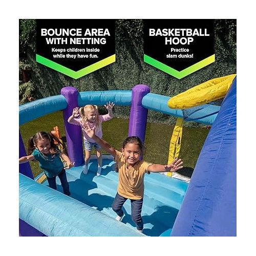  Sportspower INF-2415 Whack-A-Play Inflatable Bounce House with Basketball Hoop, Slide and Quick Inflate Blower: Recommended Age 3-8, Blue/Purple and Yellow, 13'x12'x7.83'