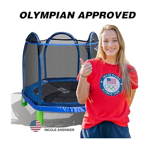  Sportspower Outdoor My First Kids Trampoline with Safety Enclosure Net and Foam Pad, 7FT Round - Blue/Green