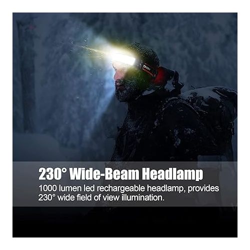  LED Rechargeable Headlamp, 1000lumens 230° Widebeam Headlight, USB Rechargeable Head Lamp with Red Taillight, Lightweight Waterproof Headlamps for Camping Running Hiking, Hard Hat Headlamp