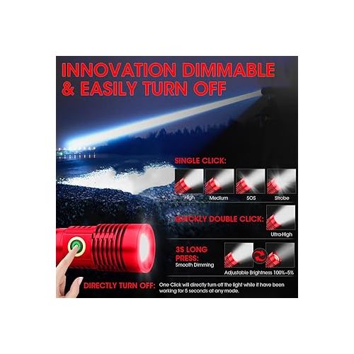  Rechargeable Flashlight High Lumens, 12000 High Lumens Super Bright Flash Light, 1500 Meter Long-Range Zoomable LED Flashlights for Emergency, EDC, Searching, Waterproof Flashlight Dimmable Red 2Pcs