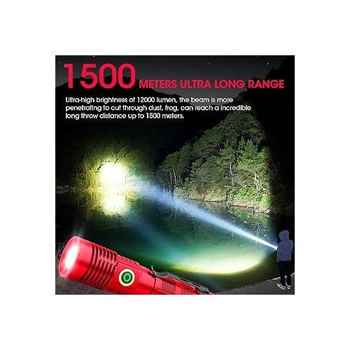  Rechargeable Flashlight High Lumens, 12000 High Lumens Super Bright Flash Light, 1500 Meter Long-Range Zoomable LED Flashlights for Emergency, EDC, Searching, Waterproof Flashlight Dimmable Red 2Pcs