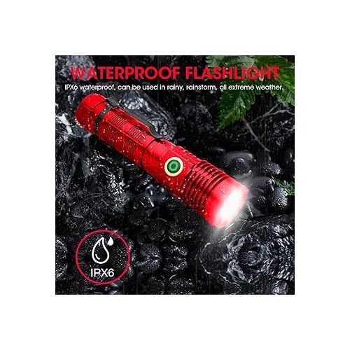  Rechargeable Flashlight High Lumens, 12000 High Lumens Super Bright Flash Light, 1500 Meter Long-Range Zoomable LED Flashlights for Emergency, EDC, Searching, Waterproof Flashlight Dimmable Red 2Pcs