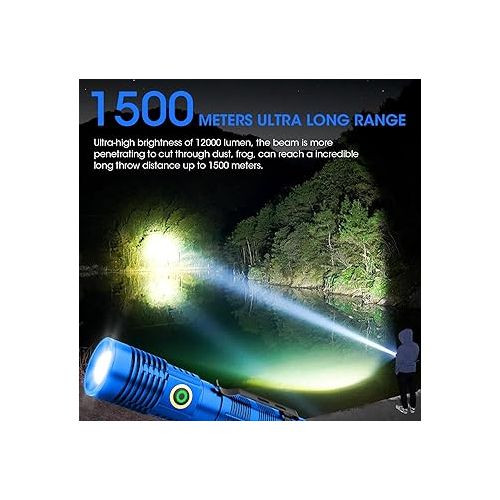  Rechargeable Flashlight High Lumens, 12000 High Lumens Super Bright Flash Light, 1500 Meter Long-Range Zoomable LED Flashlights for Emergency, EDC, Searching, Waterproof Flashlight Dimmable Blue Pcs