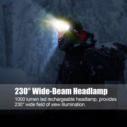  Spriak LED Rechargeable Headlamp, 1000lumens 230° Widebeam Headlight, USB Rechargeable Head Lamp with Red Taillight, Lightweight Waterproof Headlamps for Camping Running Hiking, Hard Hat