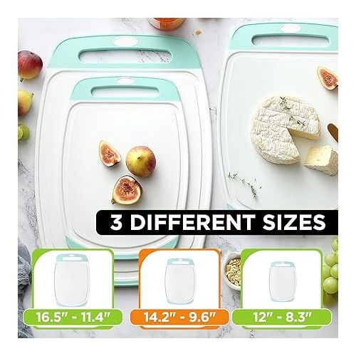  Spring Chef Cutting Boards for Kitchen - BPA Free Plastic Cutting Board Set of 3, Chopping Board Set with Juice Grooves for Fruits, Veggies & Meat with Easy Grip Handle - Dishwasher Safe - Mint