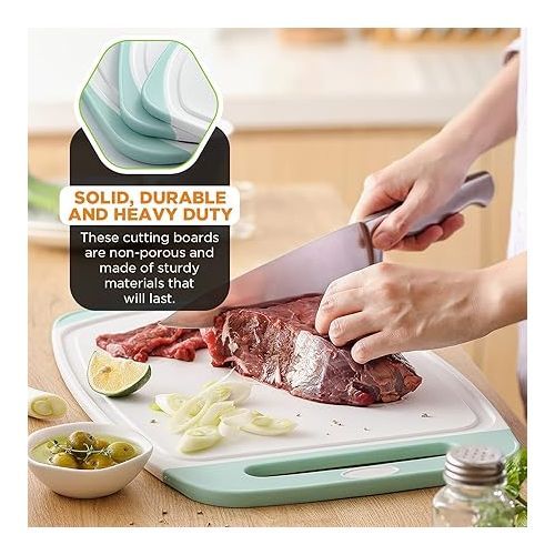  Spring Chef Cutting Boards for Kitchen - BPA Free Plastic Cutting Board Set of 3, Chopping Board Set with Juice Grooves for Fruits, Veggies & Meat with Easy Grip Handle - Dishwasher Safe - Mint