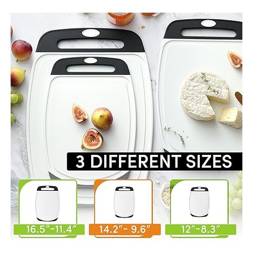  Spring Chef Cutting Boards for Kitchen - BPA Free Plastic Cutting Board Set of 3, Chopping Board Set with Juice Grooves for Fruits, Veggies & Meat with Easy Grip Handle - Dishwasher Safe - Black