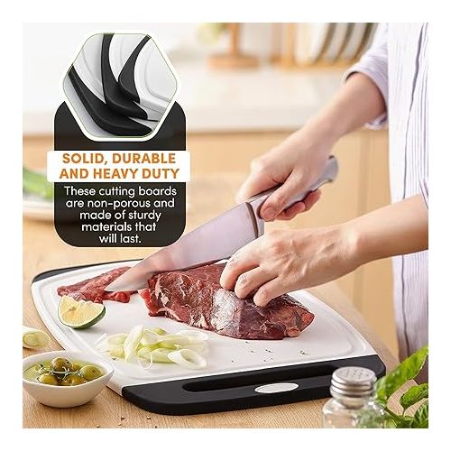  Spring Chef Cutting Boards for Kitchen - BPA Free Plastic Cutting Board Set of 3, Chopping Board Set with Juice Grooves for Fruits, Veggies & Meat with Easy Grip Handle - Dishwasher Safe - Black
