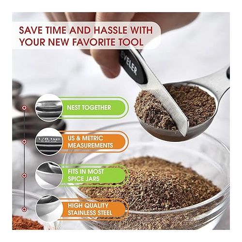  Spring Chef Magnetic Measuring Spoons Set with Strong N45 Magnets, Heavy Duty Stainless Steel Metal, Fits in Most Kitchen Spice Jars for Baking & Cooking, BPA Free, Black, Set of 8 with Leveler