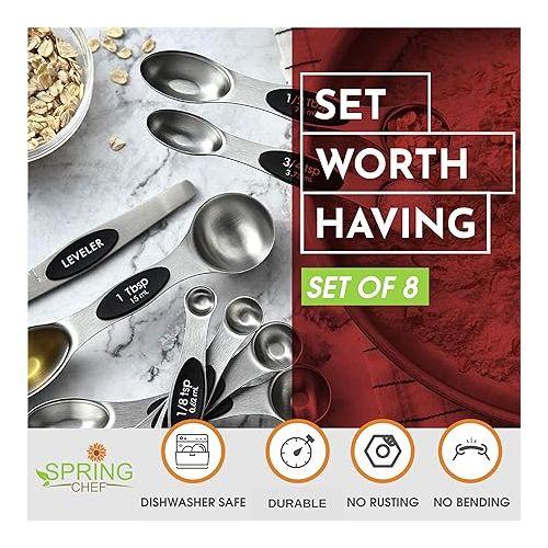  Spring Chef Magnetic Measuring Spoons Set with Strong N45 Magnets, Heavy Duty Stainless Steel Metal, Fits in Most Kitchen Spice Jars for Baking & Cooking, BPA Free, Black, Set of 8 with Leveler