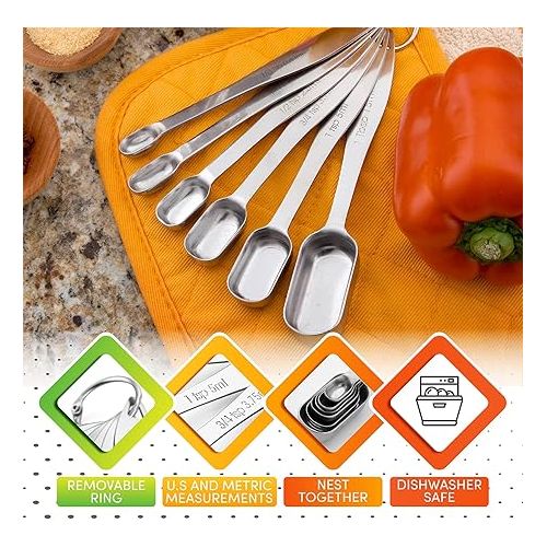  Spring Chef Stainless Steel Measuring Spoons Set of 7 with Leveler, Rectangular Metal Teaspoon & Tablespoon Measuring Spoons for Dry & Liquid Ingredients - Nesting Kitchen Gadgets For Baking & Cooking