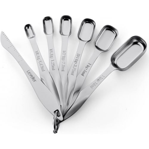  Spring Chef Heavy Duty Stainless Steel Metal Measuring Spoons for Dry or Liquid, Fits in Spice Jar, Set of 6 with bonus Leveler