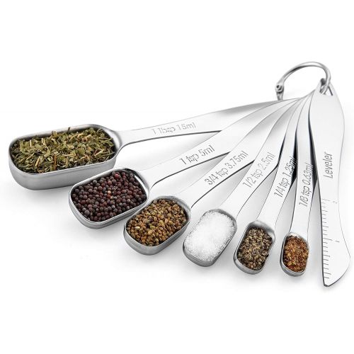  Spring Chef Heavy Duty Stainless Steel Metal Measuring Spoons for Dry or Liquid, Fits in Spice Jar, Set of 6 with bonus Leveler