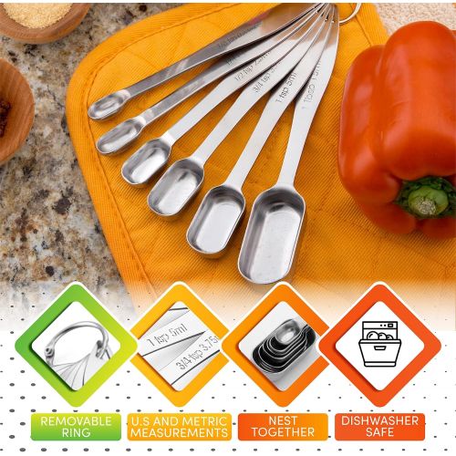  Spring Chef Heavy Duty Stainless Steel Metal Measuring Spoons for Dry or Liquid, Fits in Spice Jar, Set of 6 with bonus Leveler