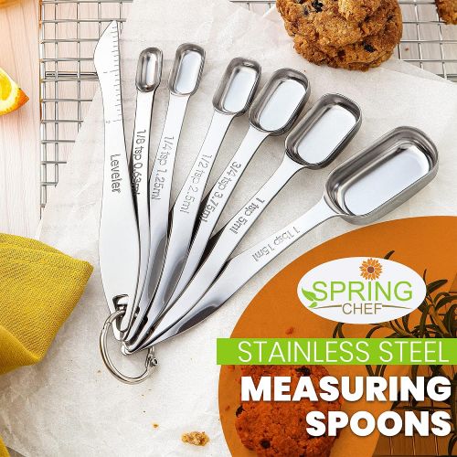  Spring Chef Heavy Duty Stainless Steel Metal Measuring Spoons for Dry or Liquid, Fits in Spice Jar, Set of 6 with bonus Leveler