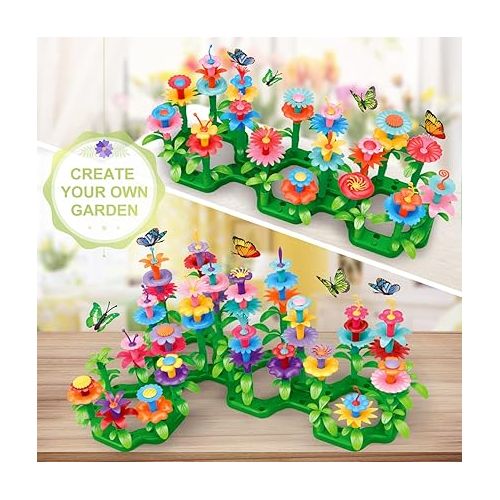 SpringFlower Gifts Toys for Girls 3 4 5 6 7 Years Old, Flower Garden Building Kit with Storage case,Educational STEM Toy and Preschool Garden Play Set for Toddlers, 148pcs