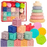 Springflower 3 in 1 Montessori Toys for Babies 0-3-6-12 Months, Soft Baby Teething Toys, Stacking Building Blocks for Infants, Sensory Developmental Education Toys for Toddler Baby 12-18 Months,23 PCS