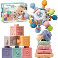 SpringFlower 3 in 1 Montessori Toys for Babies 0-3-6-12 Months, Rattle Teether & Baby Blocks & Soft Stacking Rings, Sensory Developmental Education Toys,Gift for Toddler Baby 0-3-6-12-18 Months