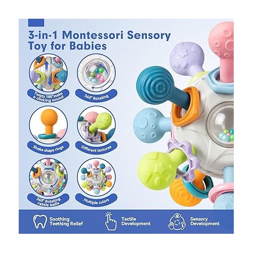  SpringFlower 3 in 1 Montessori Toys for Babies 0-3-6-12 Months, Rattle Teether & Baby Blocks & Soft Stacking Rings, Sensory Developmental Education Toys,Gift for Toddler Baby 0-3-6-12-18 Months