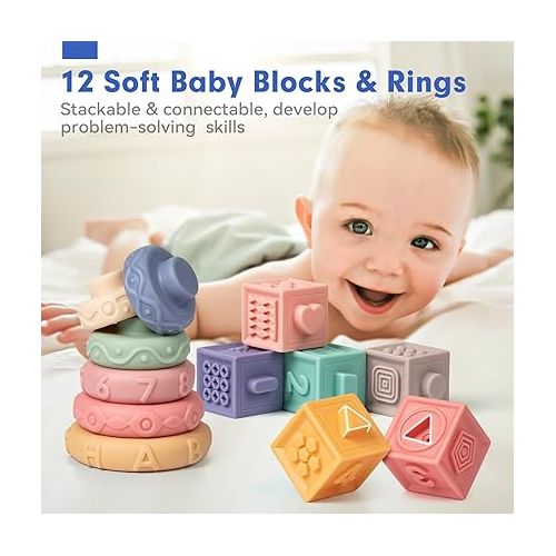  SpringFlower 3 in 1 Montessori Toys for Babies 0-3-6-12 Months, Rattle Teether & Baby Blocks & Soft Stacking Rings, Sensory Developmental Education Toys,Gift for Toddler Baby 0-3-6-12-18 Months