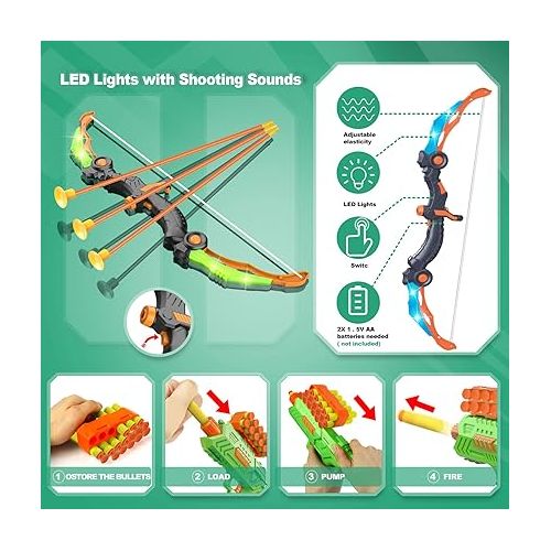  SpringFlower 2 Bow and Arrow Sets with LED Light-up,2 Foam Dart Guns for Kids 5 6 7 8 9 10+ Years Old, Archery Set with Standing Target for Boys & Girl, Ideal Gift