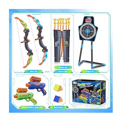  SpringFlower 2 Bow and Arrow Sets with LED Light-up,2 Foam Dart Guns for Kids 5 6 7 8 9 10+ Years Old, Archery Set with Standing Target for Boys & Girl, Ideal Gift