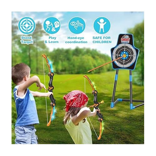  SpringFlower 2 Bow and Arrow Sets with LED Light-up,2 Foam Dart Guns for Kids 5 6 7 8 9 10+ Years Old, Archery Set with Standing Target for Boys & Girl, Ideal Gift