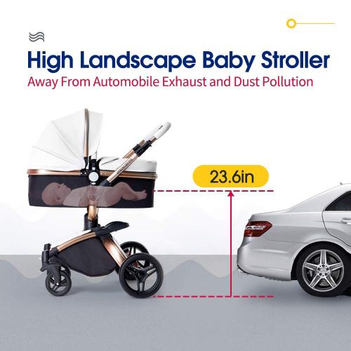  SpringBuds Baby Stroller Bassinet Carriage Combo 360 Rotation 2-in-1 Shock-Resistant High Landscape Luxury Pram Infant Stroller for Newborn and Toddler (white1)