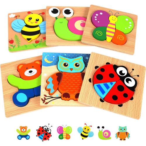  Springflower Wooden Toddler Jigsaw Puzzle Gift Toy for 1 2 3 Years Old Boys and Girls,6 Pack Animal Shape Montessori Toy for Infant,Toddler Sensory Toy,Fine Motor Skill Early Learn