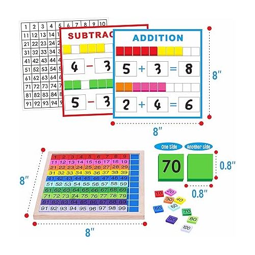  SpriteGru Wooden Math Learning Board Toy, Math Cubes 1-100 Consecutive Numbers, Linking Cube Math Counters for Kids Kindergarten Learning Activities with Storage Bag