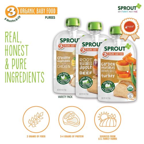  [아마존베스트]Sprout Organic Stage 3 Baby Food Pouches, Meat Variety, 4 Ounce (Pack of 18) 6 of Each: Root Veg Apple...