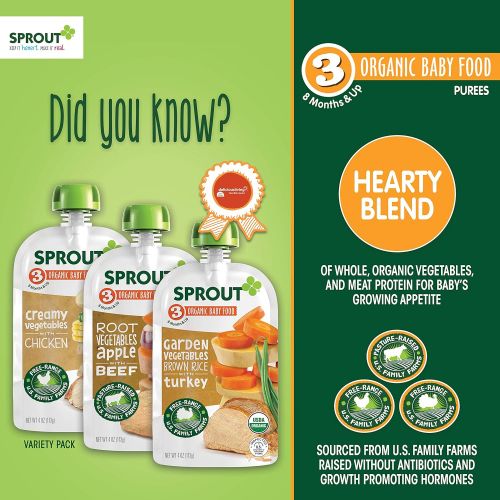  [아마존베스트]Sprout Organic Stage 3 Baby Food Pouches, Meat Variety, 4 Ounce (Pack of 18) 6 of Each: Root Veg Apple...