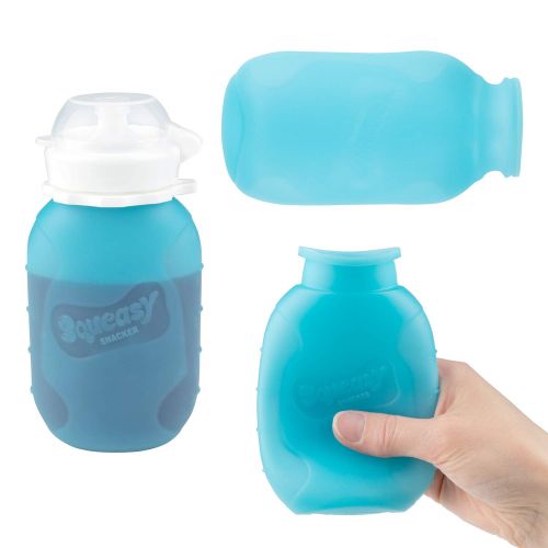  [아마존베스트]Blue 6 oz Squeasy Snacker Spill Proof Silicone Reusable Food Pouch - for Both Soft Foods and...