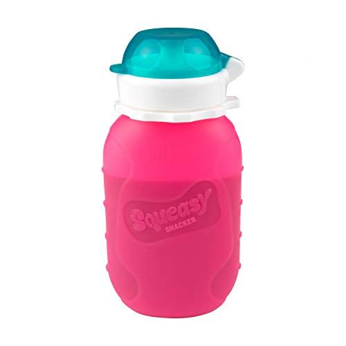  [아마존베스트]Pink 6 oz Squeasy Snacker Spill Proof Silicone Reusable Food Pouch - for Both Soft Foods and Liquids - Water, Apple Sauce, Yogurt, Smoothies, Baby Food - Dishwasher Safe