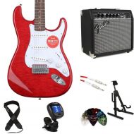 Squier Affinity Series Stratocaster QMT Electric Guitar and Fender Frontman 20G Amp Bundle - Crimson Red Transparent, Sweetwater Exclusive