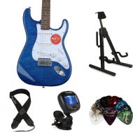 Squier Affinity Series Stratocaster QMT Electric Guitar Essentials Bundle - Saphhire Blue Transparent, Sweetwater Exclusive