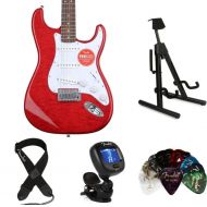Squier Affinity Series Stratocaster QMT Electric Guitar Essentials Bundle - Crimson Red Transparent, Sweetwater Exclusive