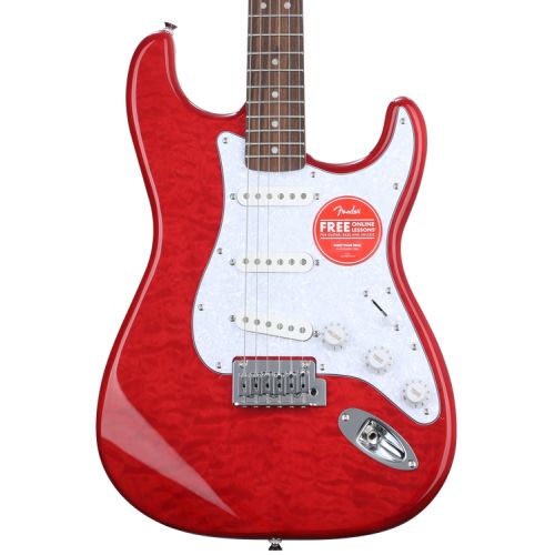  Squier Affinity Series Stratocaster QMT Electric Guitar Essentials Bundle - Crimson Red Transparent, Sweetwater Exclusive